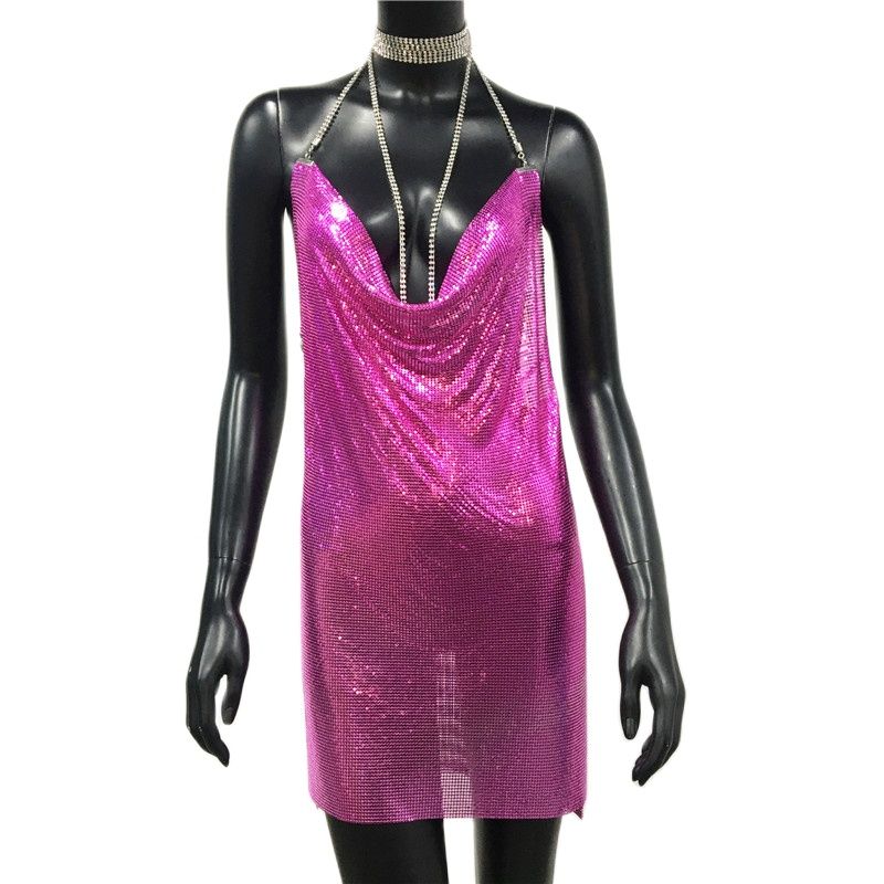 Aiertu Sexy Gold Sequined Patchwork Mini Dress Women Sleeveless Low Cut Metal Chains Halter Slim Charming Nightclub Party Dresses Aiertu