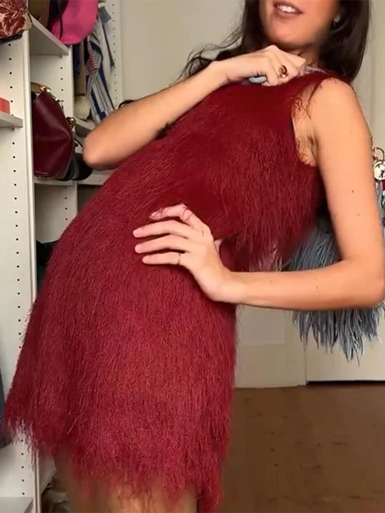 Aiertu  -  Vintage Fluffy Women Short Dress Fashion O Neck Sleeveless Slim Female Mini Dress 2025 Spring New Lady Club Party Tank Vestidos Aiertu