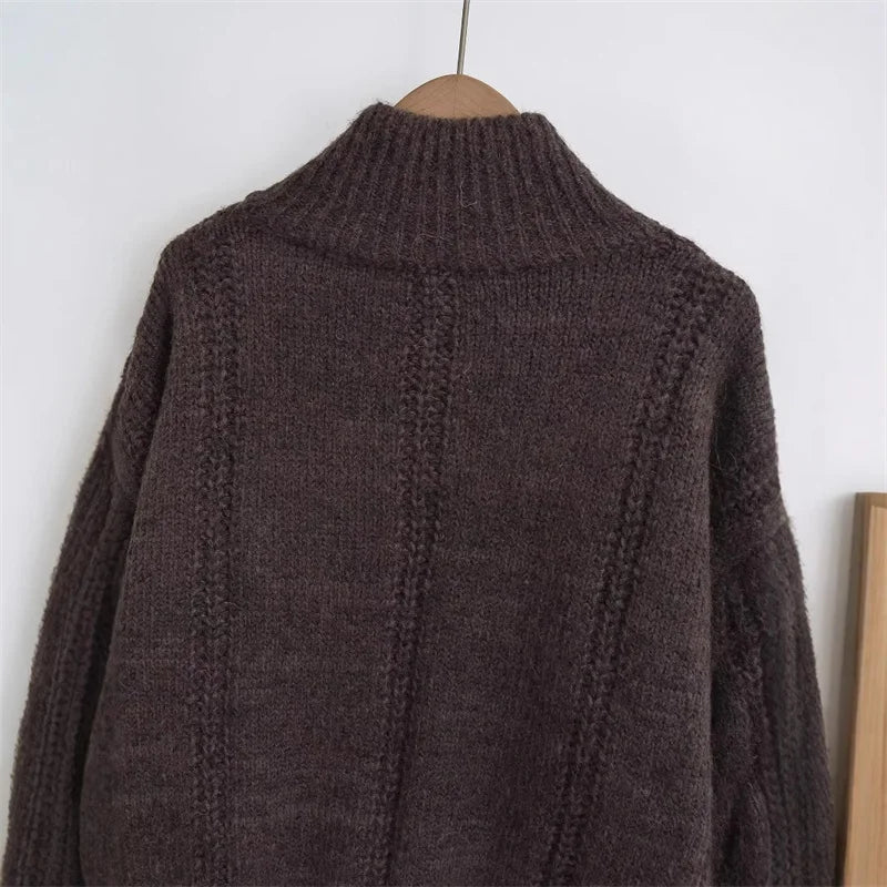 Aiertu  -  casual winter outfits Women Coffee Knitted Yarn Twist Cardigan Women Autumn Winter Stand Collar Zipper Thick Sweater Female Retro Tops Aiertu