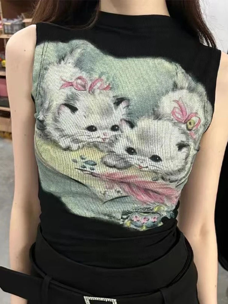 Aiertu  -  Trendy Kawaii Cute Cat Print T-shirt Women Summer Harajuku Y2k Half Turtleneck Crop Top Fashion Sweet Vintage Tee Shirts Femme Aiertu
