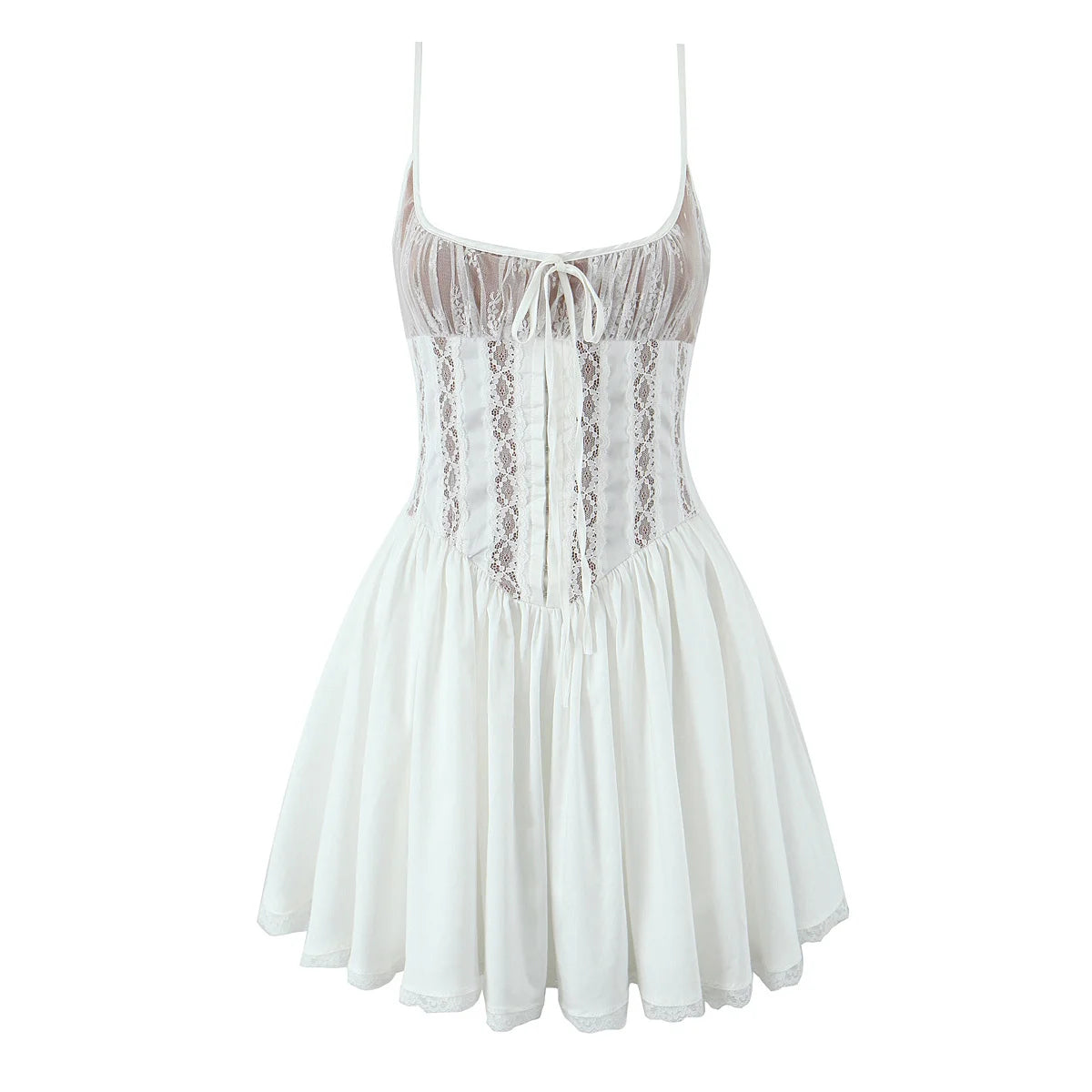 Aiertu  -  Romantic Women Patchwork Lace Sling Sexy Dress Round Neck Low Waist Pleated Swing White Party Mini Dresses Birthday Robe Aiertu