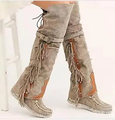 Aiertu    -  Fashion Bohemia Knee-length Women Boots Ethnic Personality High Boots Tassels Faux Suede Boots Girl Flat Bottom Long Botas Mujer Aiertu