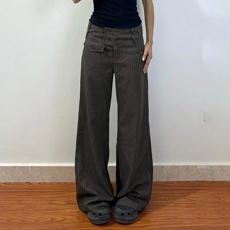 Aiertu  -  Elegant Vintage Striped Straight Pants Women American Retro Office Ladie Casual Loose Patchwork Wide Leg Pants 2025 Y2k Aiertu
