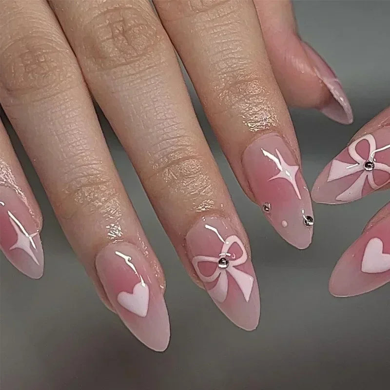 Aiertu 24Pcs Pink Almond French Press on Nails With 3D Bow ripple charms Design Fake Nails Ballerina False Nails Full Cover Nail Tips Aiertu