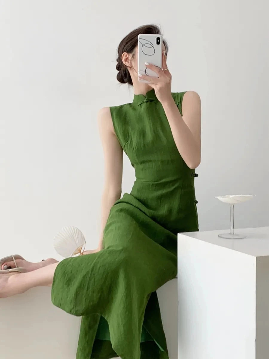 Aiertu  -   vintage natural literature art dress chinese style daily improved leisure qipao sexy sleeveless waist cinching slit qipao Aiertu
