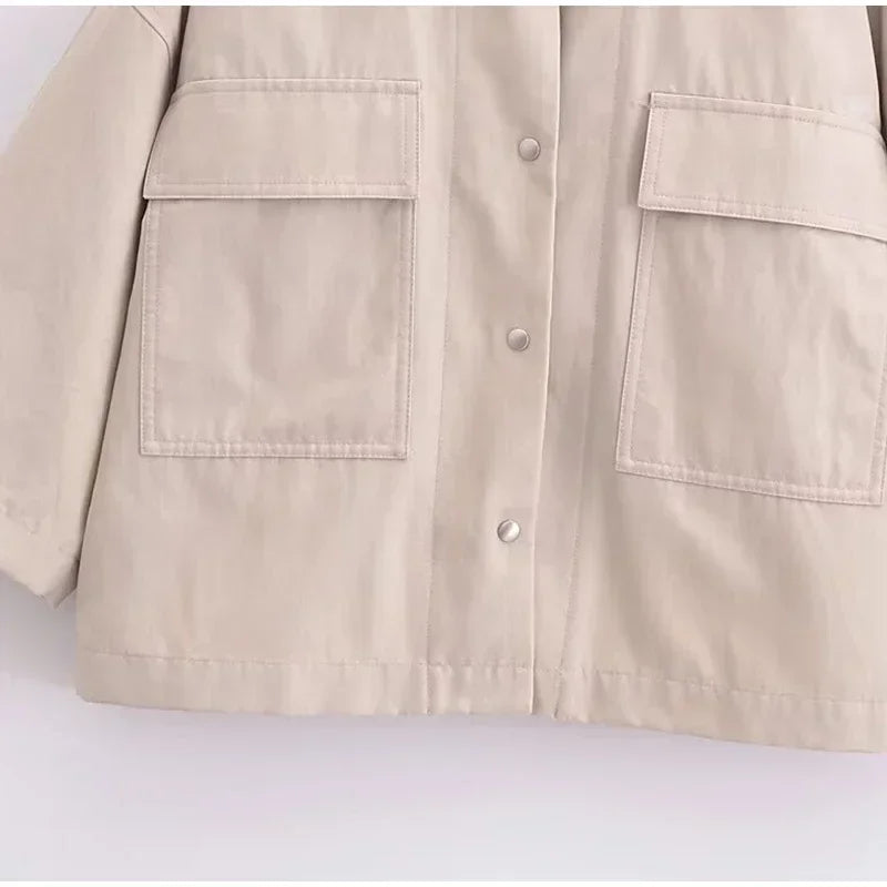 Aiertu  -  Fashion Lapel Spliced Coats Women Casual Single-breasted Pockets Short Sleeve Female Jacket Autumn Lady Solid Loose Outwear Aiertu