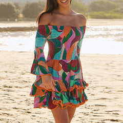 Aiertu  -  Holiday Print Patchwork Ruffles Mini Dress Women Flare Sleeve Simple Chic Party Dress New Slash Neck Fashion Ladies Beach Dress Aiertu