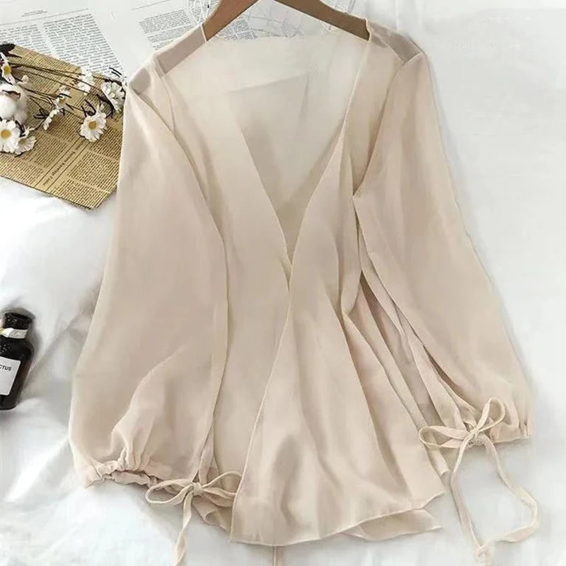 Aiertu Harajuku Chiffon Shirts Women Solid Casual Sun Protection Cardigan Summer Loose All Match Thin Sunscreen Blouses Coat New Aiertu