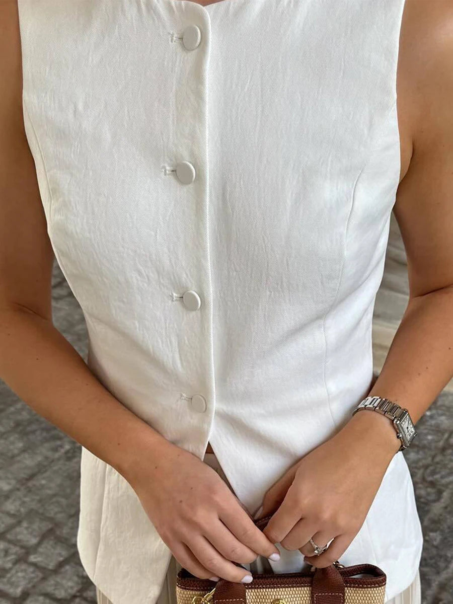 Aiertu  -  New Fashion Womens Button Down Waistcoat Vest Sleeveless Round Neck Solid Color Slim Fit Tops Dressy Suit Vest Hot Sale S M L Aiertu