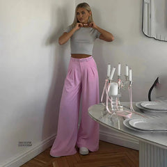 Aiertu  -  2026 Summer Slim Wide Leg Suit Pants High Waist Pants French Pink Casual Floor Towers Women's Versatile Draping Feel Trousers Aiertu