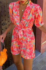 Aiertu  -  Casual Print Bandage Turn-back Collar Loose Rompers Aiertu