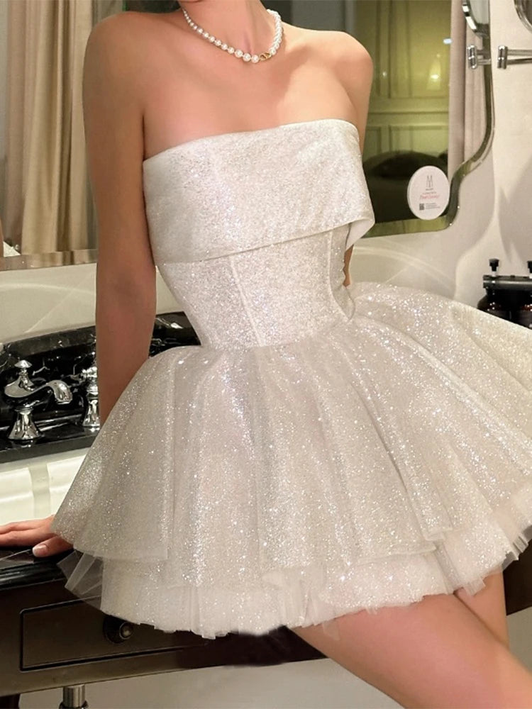Aiertu  -  Women's White A-line Evening Dress Vintage Off Shoulder Mini Luxury Dresses Y2k Party Club One Piece Frocks 2000s Clothes Aiertu