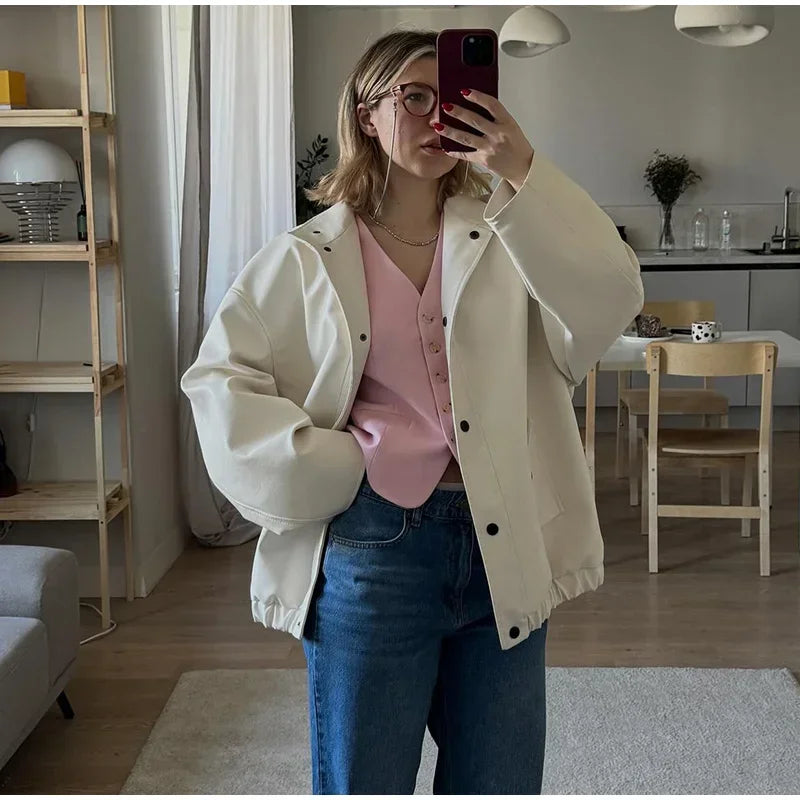 Aiertu  -  Street Women's White Leather Jacket Casual Stand Collar Single Breasted Long Sleeve Female Coat Autumn Lady Elegant Outwear Aiertu