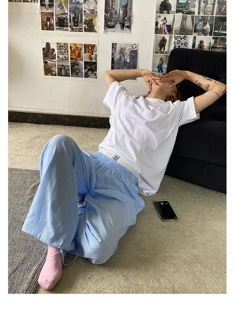 Aiertu  -  Blue Stripe Pants Women Y2k Fake Two Piece Wide Leg Sweatpants Baggy Kpop Sport Trousers Hip Hop Harajuku Summer Bottoms Aiertu