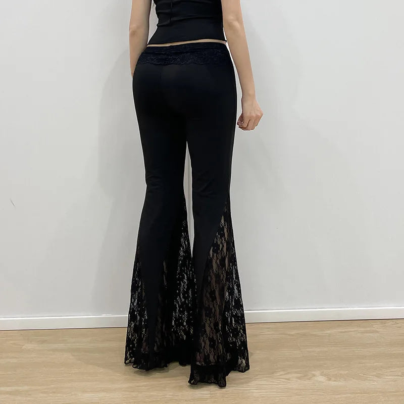Aiertu  -  Women's 2025 Autumn Spring Fashion Streetwear Lady Casual Patchwork Lace Flare Pants Sexy Slim Mid-Waisted Wide Leg Pants Aiertu