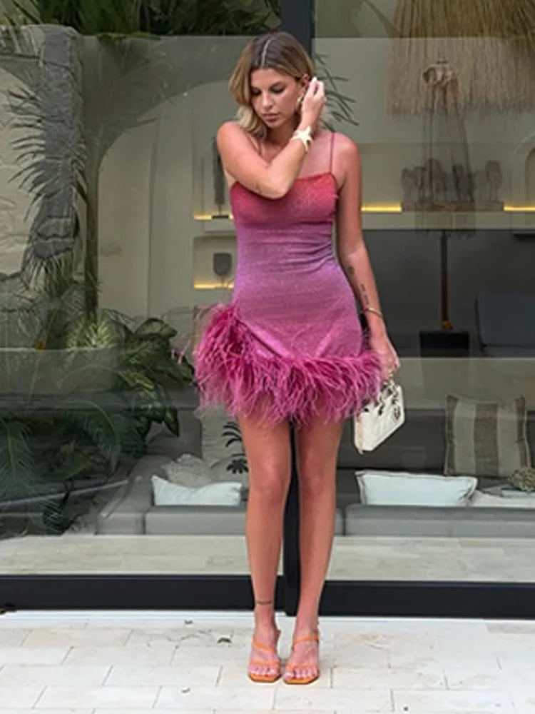 Aiertu  -  Rainbow Color Ostrich Fur Hem Patchwork Mini Dress Women Gradient Strap Backless Sleeveless Feather Evening Dresses Party Chic Aiertu
