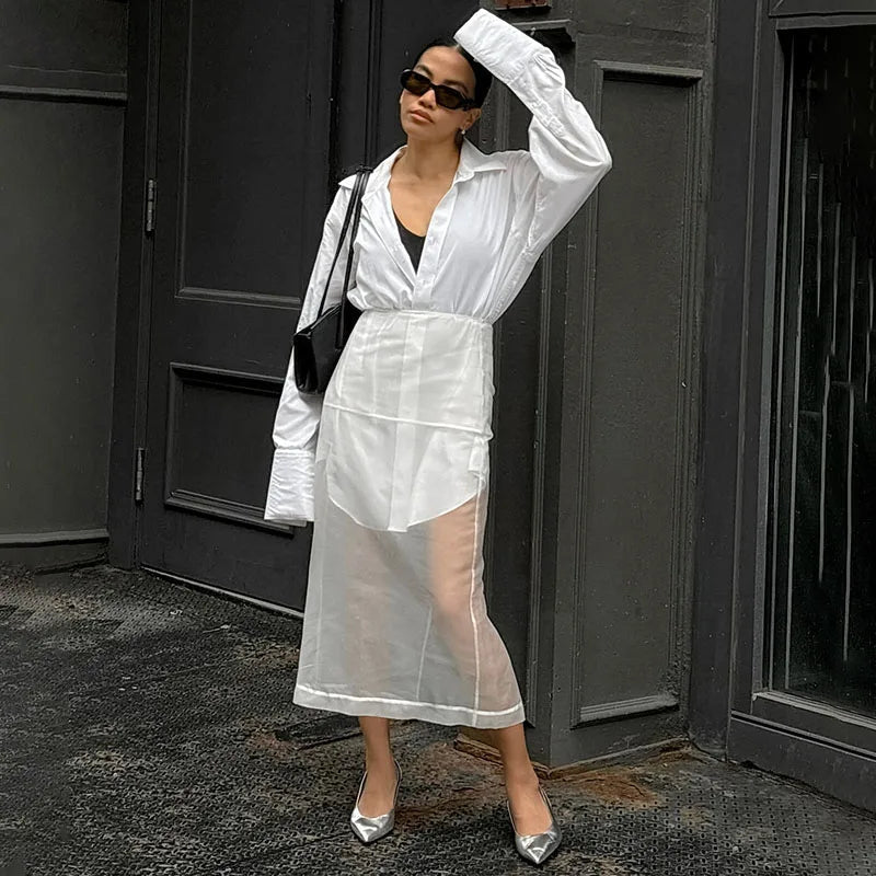 Aiertu  -  Sexy See Through White Mesh Split Skirt Women's High Waist Loose Straigh Midi Skirt Autumn Fashion Hot Girl Party Skirts Aiertu