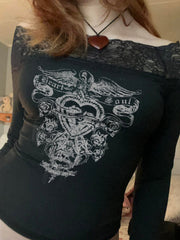 Aiertu - summer inspo Gothic Retro Lace Trim Slash Neck Blouses Women?Long Sleeve Y2k Darkly Chic Print Autumn Trendy Fashion Tops Aiertu