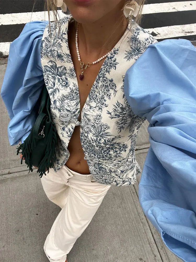 Aiertu  -  Chic V-neck Printed Patchwork Shirts Women Elegant Single Breasted Long Sleeve Blouse 2026 Casual Lady High Street Tops Aiertu