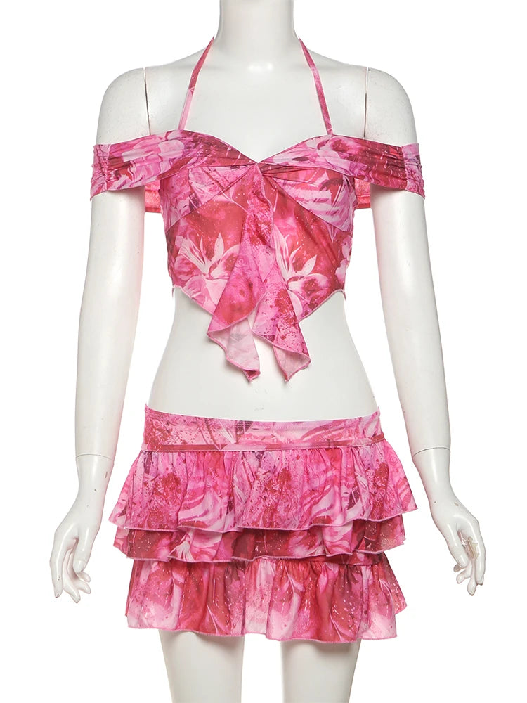 Aiertu  Sexy Tie-Dye Print 2-Piece Set Women Folds Halter Lace-Up One Shoulder Backless Tops+Tierred Mini Skirts Matching Suits Aiertu