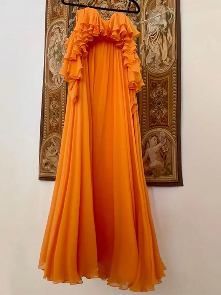 Aiertu  -  Summer Elegant Solid Ruffles Maxi Dress For Women Fashion Off Shoulder High Waist Robe  Chic Female Evening Party Vestidos Aiertu