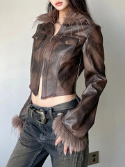Aiertu - summer inspo Streetwear Faux Collar Women Moto Style Jackets  Autumn Long Sleeve Fashion Chic Design Short Leather Coat Aiertu