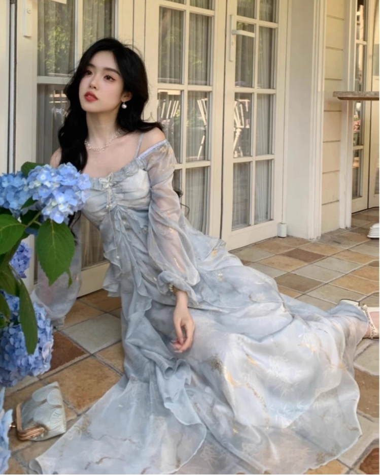 Aiertu French Fashion Print Fairy Long Dresses Women Autumn New Ruffles A-Line Party Birthday Vestidos Female One Piece Clothes Aiertu