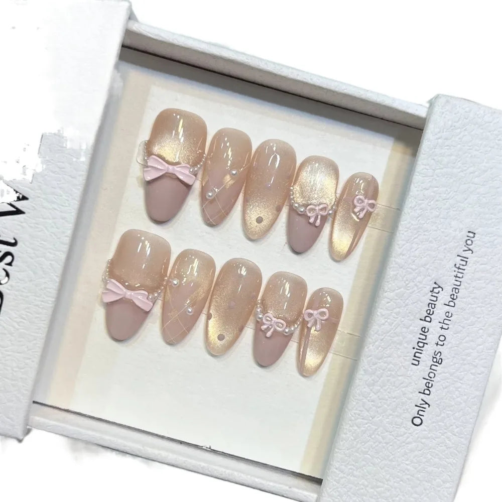 Aiertu  -  10pc Press On Nails False Nails Bow Decor Fake Nails Wearable Handmade Gel Nail Stickers Reusable Gradient Gel Nail Polish Strip Aiertu
