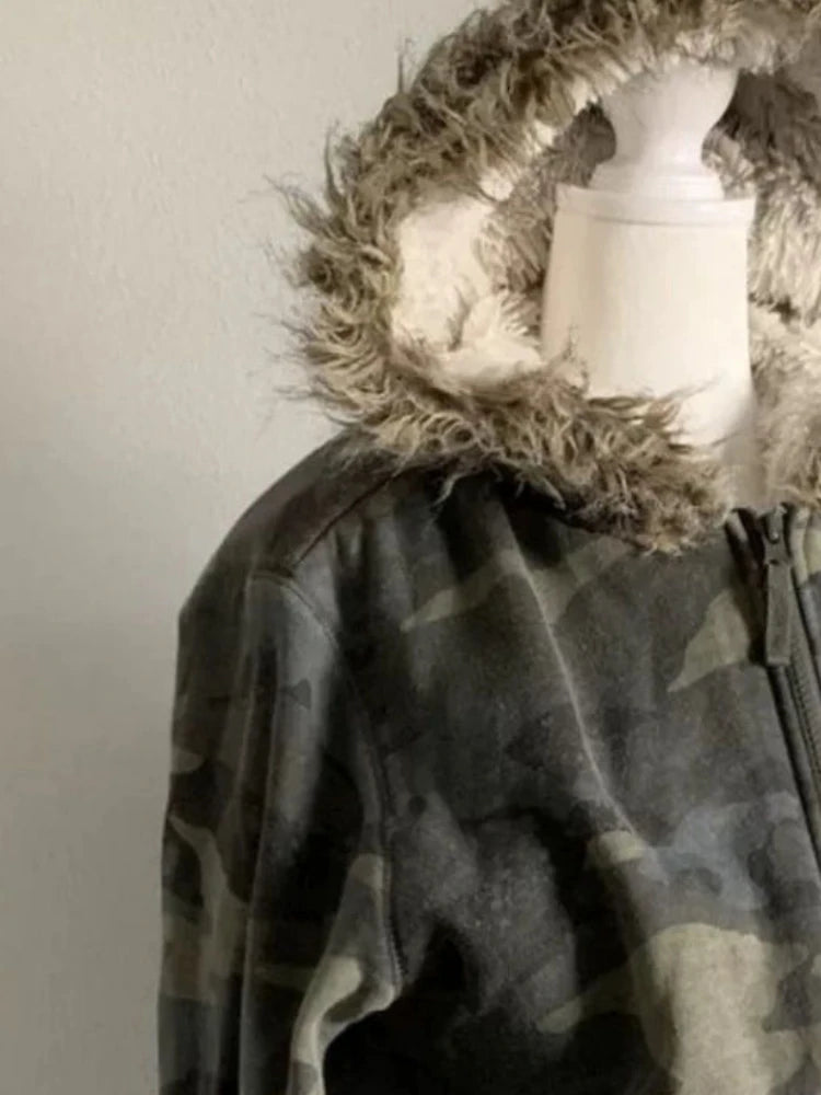 Aiertu  -  Harajuku Casual Fur Patchwork Hooded Hoodies Women Y2k Aesthetic Camouflage Streetwear Hoody Grunge Zippers Slim Fit Sweatshirts Aiertu