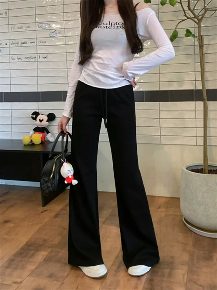 Aiertu  American Retro Casual Streetwear High Waist Wide Leg Pants Women Vintage Elegant Sexy Solid Slim Yoga Trousers Aiertu