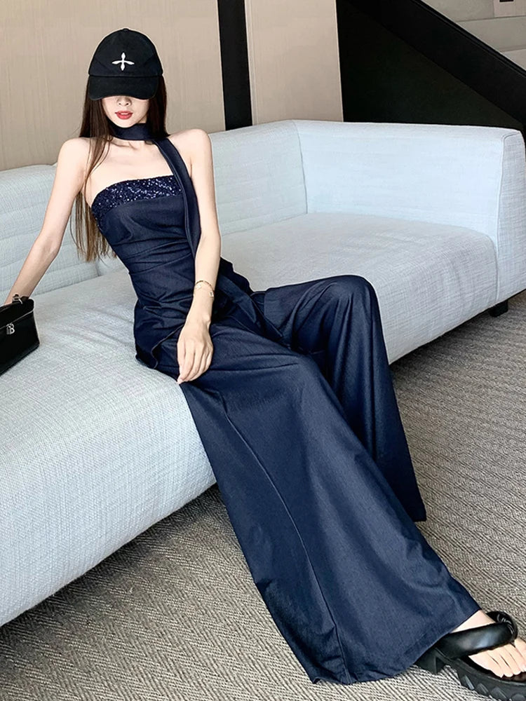 Aiertu  -  Advanced retro Tencel denim suit women's summer fashion sequin strapless top high waist wide leg pants skirt two-piece set Aiertu