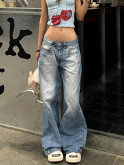 Aiertu  -  Fashion Street Blue Washed Low Rise Straight Jeans Women Summer Retro New Loose Korean Street Casual Wide Leg Jeans Aiertu