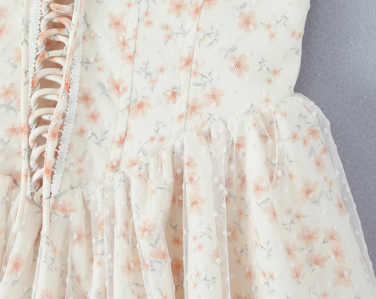 Aiertu  -  Pretty Girl Floral Print Mesh Strapless Mini Dresses Women Front Lace Up Bandage Birthday Party Dress French Bridesmaids Robe Aiertu