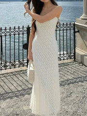 Aiertu  -  French Elegant Mesh Lace Dress Woman White Outfits Summer Spaghetti Strap Backless Fishtail Long Dresses P16-DD40 Aiertu