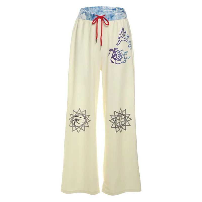 Aiertu  -  Y2k Aesthetic Streetwear Print Straight Pant Women Casual Patchwork Pantalon Personality Drawstring Grunge Wide Leg Trousers Aiertu