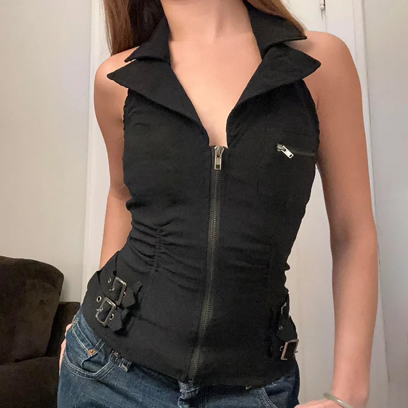 Aiertu  -  women's tooling style punk street waist design slim-fit halter lapel zipper neck vest Aiertu
