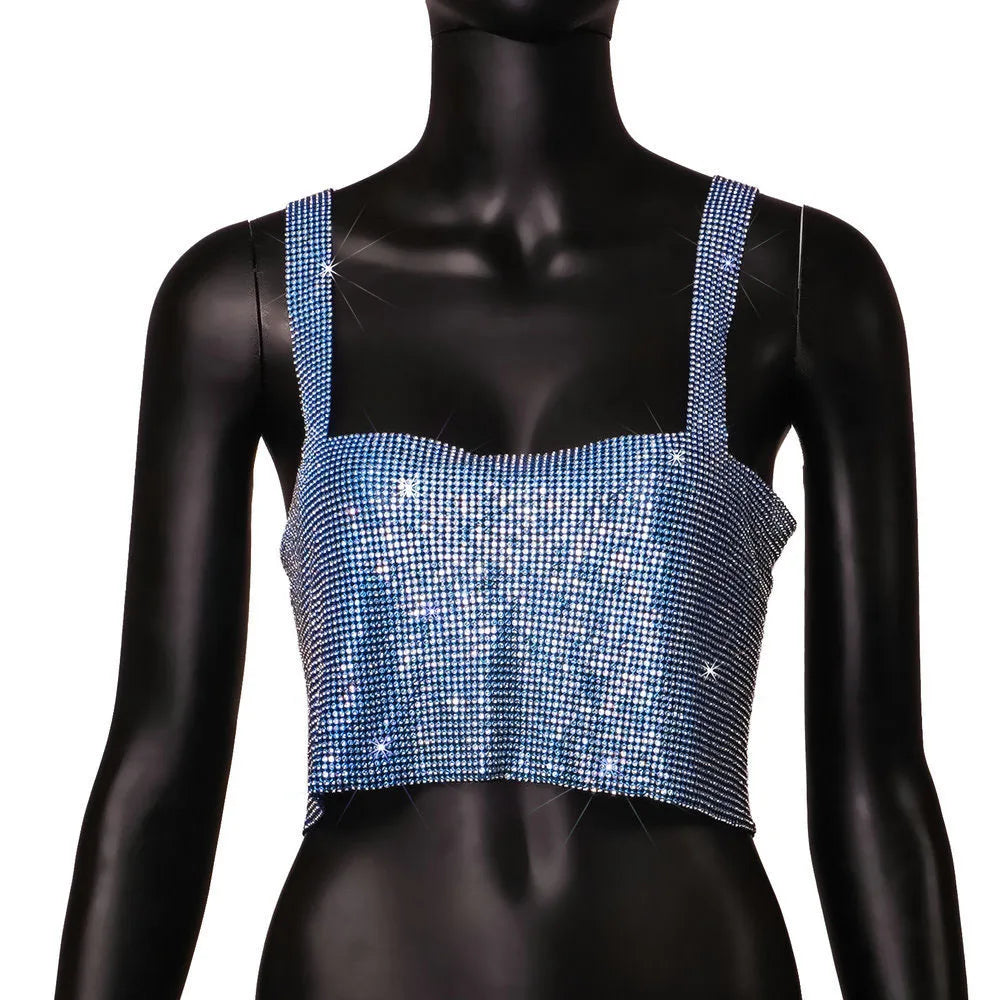 Aiertu  -  Metal Mesh Rhinestone Sleeveless Tank Top Women Back Hollow Chain Crop Tops Hot Girl Beach Sexy Club Party Vest Femme Aiertu