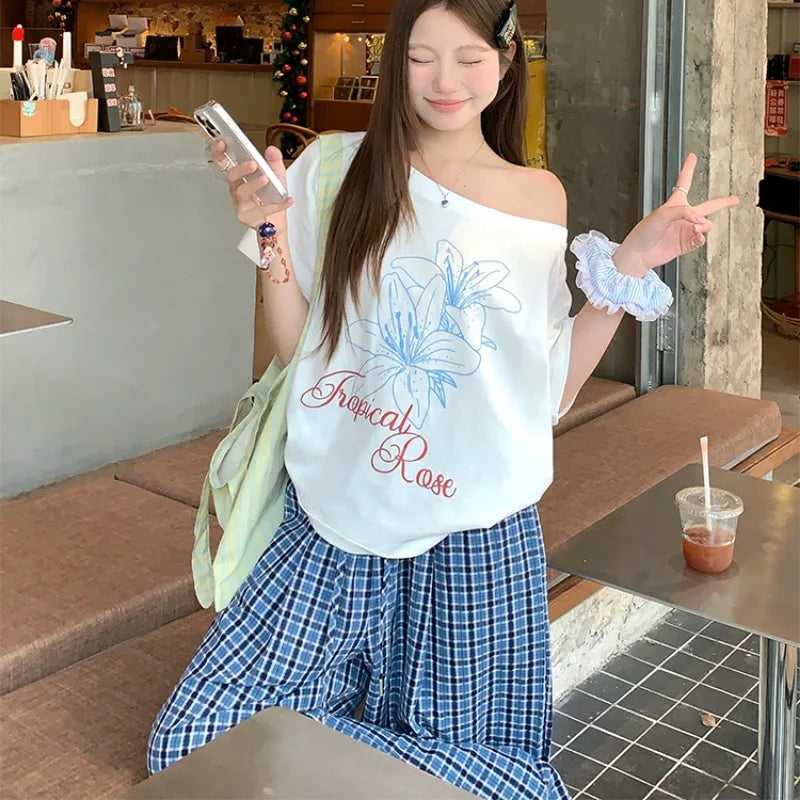 Aiertu  -  Casual Plaid Wide Leg Long Pants Summer Women Elastic High Waist Loose Trousers Female Woman Clothes 2025 Aiertu