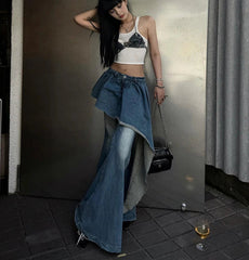Aiertu  -  Y2k Skirt Overlay Boot Cut Pants Women Asymmetrical Wide Leg Fake Two-piece Flare Jeans Tall Girl Korean Streetwear Aiertu