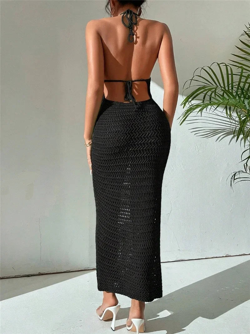 Aiertu  -  Halter Hollow Out Knit Bodycon Dress A-Line Sexy Summer Hoilday Sundress Beachwear Women Backless Maxi Dresses Chic Ladies Robe Aiertu