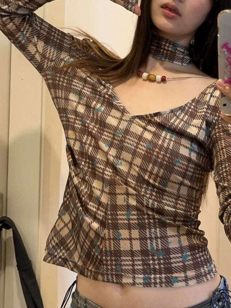 Aiertu  -  Korean Plaid Harajuku Slim Tee Shirts Vintage Print Tie Grunge Women's Tops Fashion Y2k Aesthetic Chic Streetwear T-Shirts 2025 Aiertu
