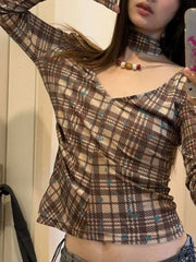 Aiertu  -  Korean Plaid Harajuku Slim Tee Shirts Vintage Print Tie Grunge Women's Tops Fashion Y2k Aesthetic Chic Streetwear T-Shirts 2025 Aiertu