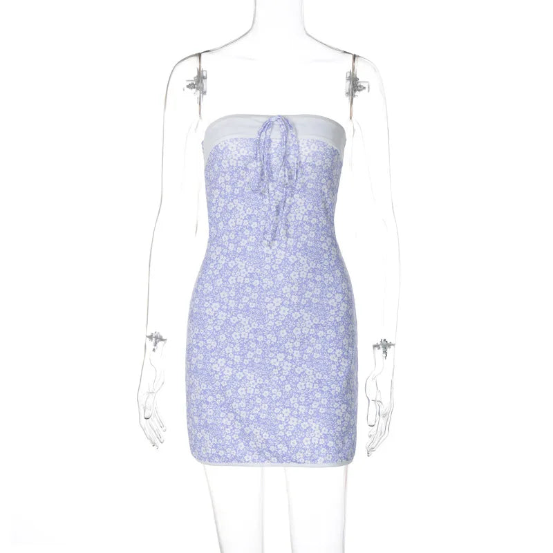 Aiertu  -  Lace Up Strapless Flower Dress For Women Slim Fit Sexy Hip Wrap Splice Sleeveless Female Sweet Birthday Mini Dress New Aiertu