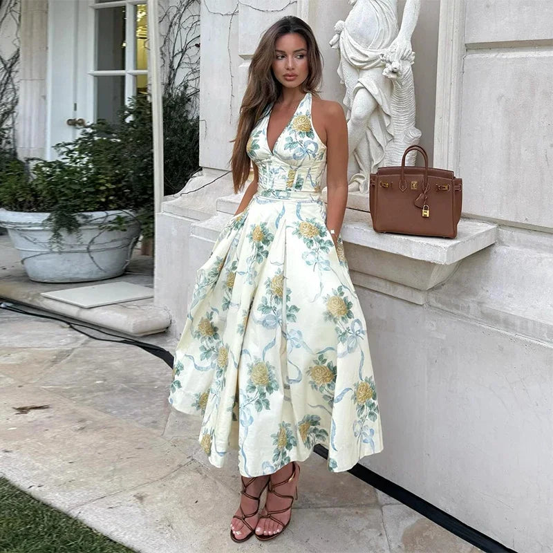 Aiertu  -  Printed Halter Backless A-line Midi Dress Women High Waist  Slim Big Swing Pocket Sleeveless 2026 Summer Evening Holiday Dresses Aiertu