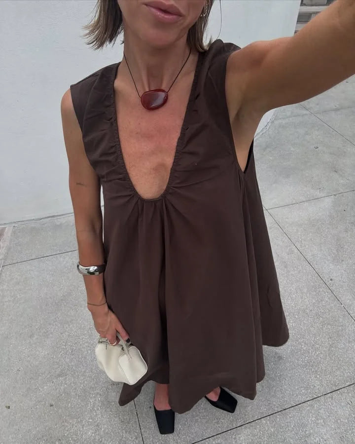 Aiertu  -  Sleeveless Summer Cotton Lined Long Dress Women Elegant V-neck Pleated Solid Loose Dresses Holiday Casual Evening Lady Vestidos Aiertu