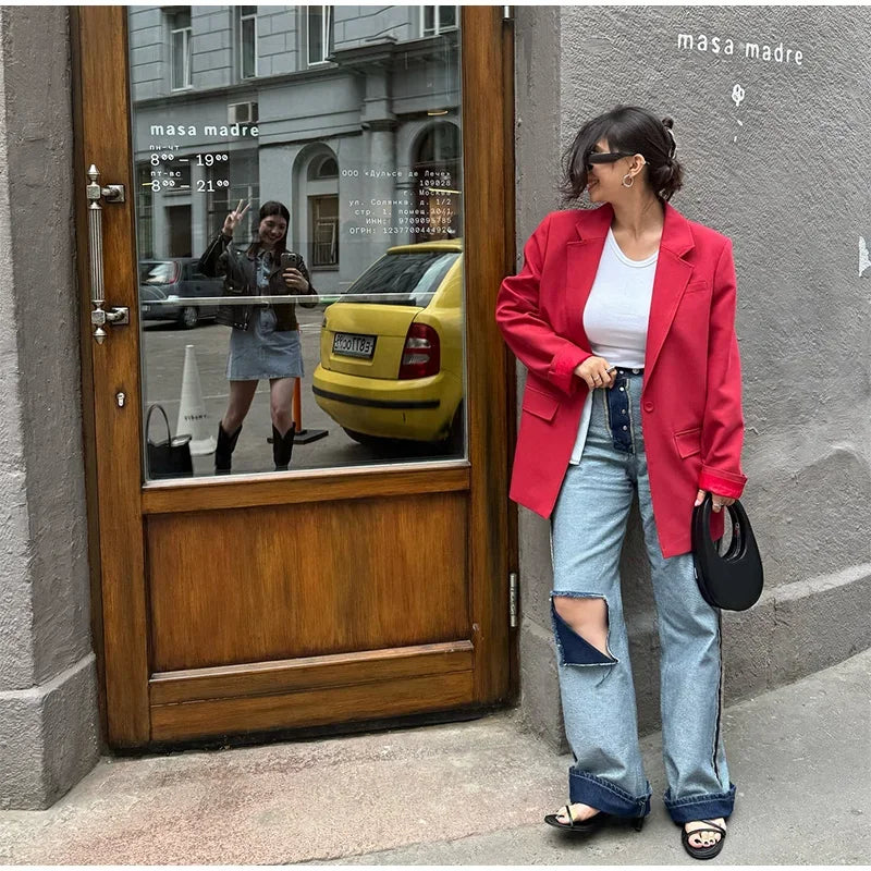 Aiertu  -  Elegant Red Lapel Blazer Coats Women Loose One Button Long Sleeve Solid Jackets 2026 Autumn New Female Urban Tops Streetwear Aiertu