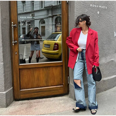 Aiertu  -  Elegant Red Lapel Blazer Coats Women Loose One Button Long Sleeve Solid Jackets 2026 Autumn New Female Urban Tops Streetwear Aiertu