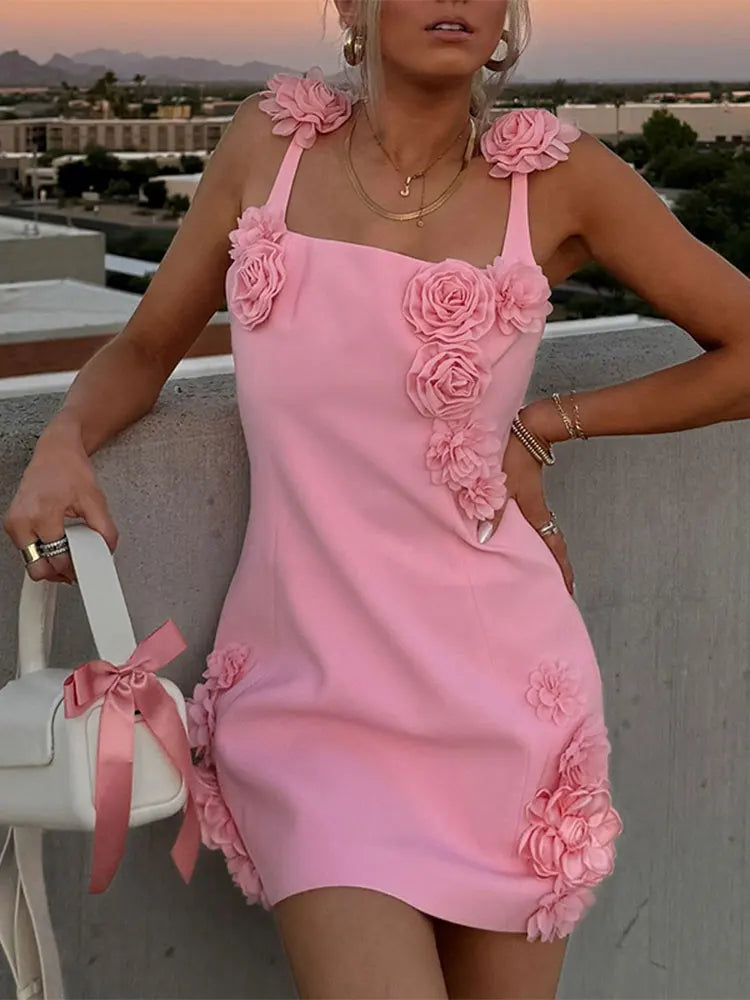 Aiertu  -  Women Sexy Pink 3d Flower Sling Mini Dress Fashion High Waist Sleeveless Bodycon Dress 2026 Summer Vacation Beach Party Dresses Aiertu