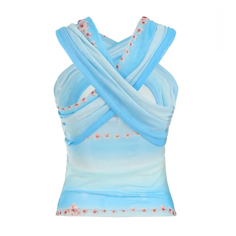 Aiertu  -  Two Piece Outfits Woman Tie Dye Floral Print Mesh Asymmetrical Skirt and Top Matching Sets Y2k Summer P67-EI28 Aiertu