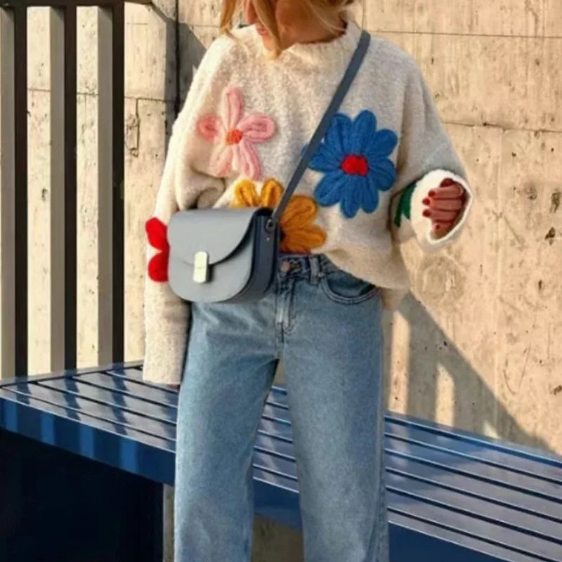Aiertu  -  Crochet Flower Pullover Knitted Sweater Women's Fashion Loose Lantern Long Sleeve Embroidery Knit Top Streetwear Fashion Aiertu